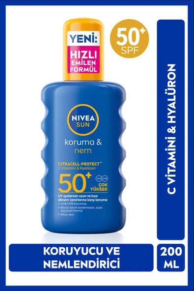 NIVEA SUN SPF 50+ Yüksek Güneş Koruyucu ve Nemlendirici Vücut Spreyi 200ml, Suya Dayanıklı