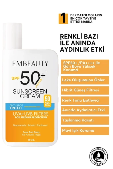 EMBEAUTY Ton Eşitleyici Yüksek Koruma Etkili Spf50 Aydınlatıcı Pembe Yüz Güneş Kremi Hibrit Formül 50 ml - 6