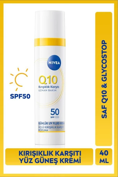 NIVEA Q10 SPF50 Yüksek Güneş Koruyucu Kırışıklık Karşıtı Yüz Güneş Kremi 40ml, Makyaj Bazı