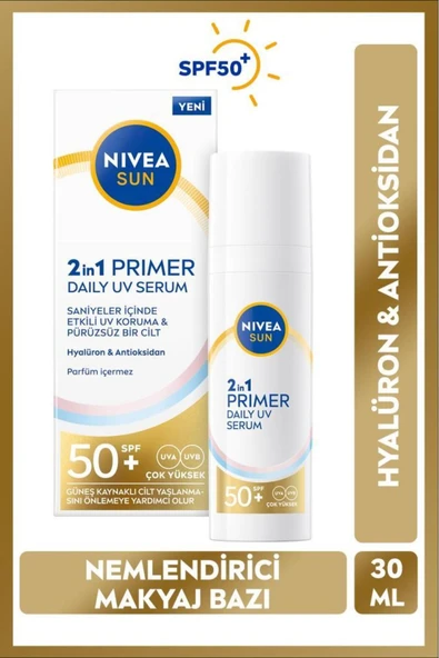 NIVEA SUN SPF50 Primer Güneş Koruyucu Nemlendirici Makyaj Bazı 30ml, Hyaluron, Antioksidan
