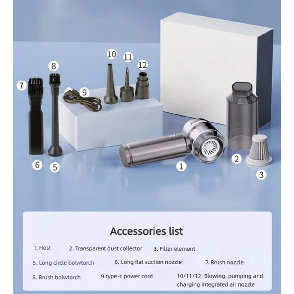 16000pa Güçlü Portatif 3 Kademeli Tabilir Vakumlu Kablosuz Üflemeli Mini Araç Süpürgesi - Resim 4