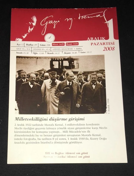 GAZİ MUSTAFA KEMAL Görselli 1 ARALIK 2008 PAZARTESİ Takvim Yaprağı (Sahafiye Kitap)