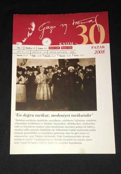 GAZİ MUSTAFA KEMAL Görselli 30 KASIM 2008 PAZAR Takvim Yaprağı (Sahafiye Kitap)