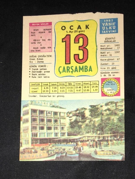13 OCAK 1982 ÇARŞAMBA VASIF ÜLKÜ TAKVİMİ YAPRAĞI (Sahafiye Kitap)