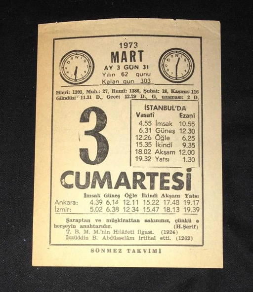 3 MART 1973 CUMARTESİ Sönmez Takvimi YAPRAĞI (Sahafiye Kitap)