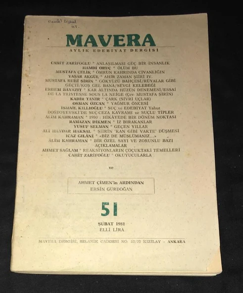 MAVERA Şubat 1981 Sayı 51 AHMET ÇİMEN'İN ARDINDAN Ersin Gündoğan (Sahafiye Kitap) ürün görseli