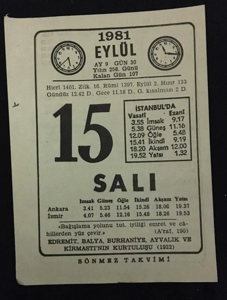 15 EYLÜL 1981 SALI Sönmez Takvimi YAPRAĞI (Sahafiye Kitap) - 1