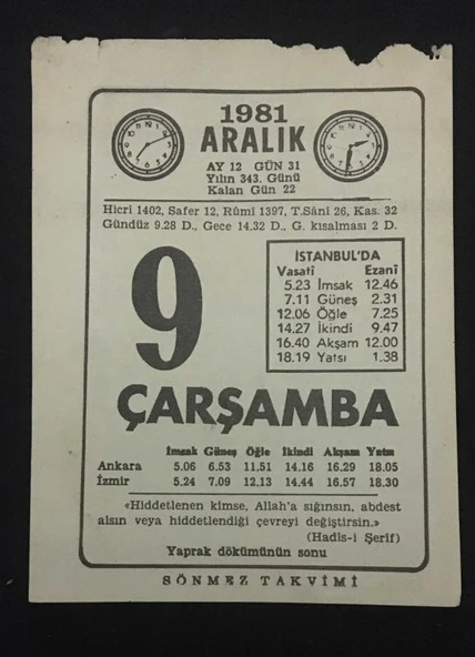 9 ARALIK 1981 ÇARŞAMBA Sönmez Takvimi YAPRAĞI (Sahafiye Kitap) - 1