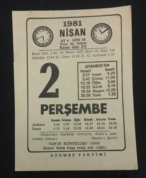 2 NİSAN 1981 PERŞEMBE Sönmez Takvimi YAPRAĞI (Sahafiye Kitap) - 1