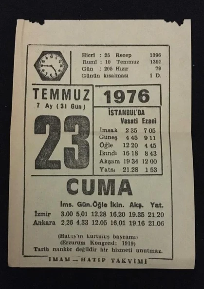 23 TEMMUZ 1976 CUMA İmam-Hatip Takvimi YAPRAĞI (Sahafiye Kitap)