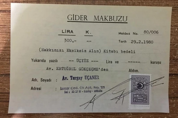 1980 Tarihli İmzalı,Kaşeli Damga Pullu GİDER MAKBUZU (Sahafiye Kitap) ürün görseli 1