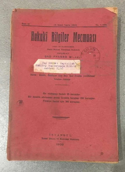 HUKUKİ BİLGİLER MECMUASI 15 İkinci Teşrin 1938 Sene 10 No. 1 - 109 (Sahafiye Kitap) ürün görseli 1