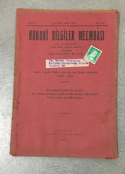 HUKUKİ BİLGİLER MECMUASI 15 İkinci Kanun 1937 Sene 8 No. 3 - 87 (Sahafiye Kitap) ürün görseli 1