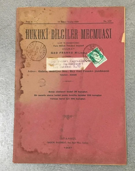 HUKUKİ BİLGİLER MECMUASI 15 İkinci Teşrin 1937 Sene 9 No. 1 - 97 (Sahafiye Kitap) ürün görseli 1