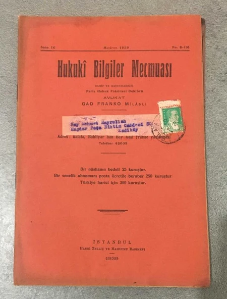 HUKUKİ BİLGİLER MECMUASI Haziran 1939 Sene 10 No. 8 - 116 (Sahafiye Kitap) ürün görseli 1