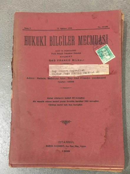 HUKUKİ BİLGİLER MECMUASI 15 Ağustos 1938 Sene 9 No. 10 - 106 (Sahafiye Kitap) ürün görseli 1