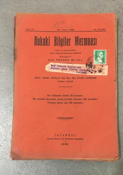 HUKUKİ BİLGİLER MECMUASI Birinci Teşrin 1939 Sene 10 No. 12 - 120 (Sahafiye Kitap) ürün görseli 1