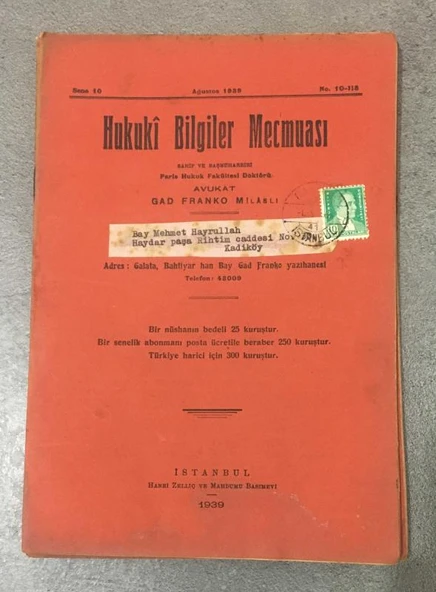 HUKUKİ BİLGİLER MECMUASI Ağustos 1939 Sene 10 No. 10 - 118 (Sahafiye Kitap) ürün görseli 1
