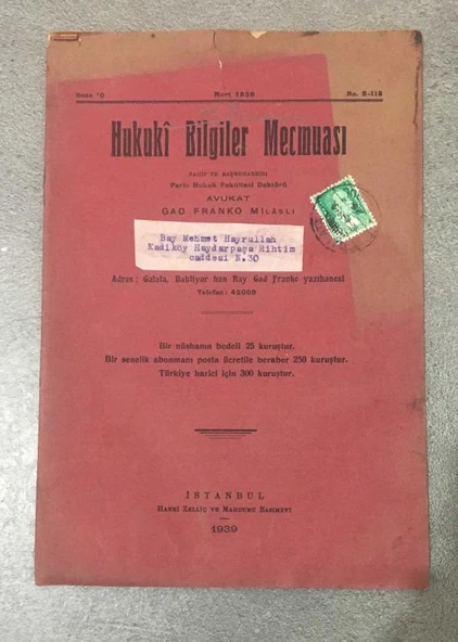 HUKUKİ BİLGİLER MECMUASI Mart 1939 Sene 10 No. 5 - 113 (Sahafiye Kitap) ürün görseli 1