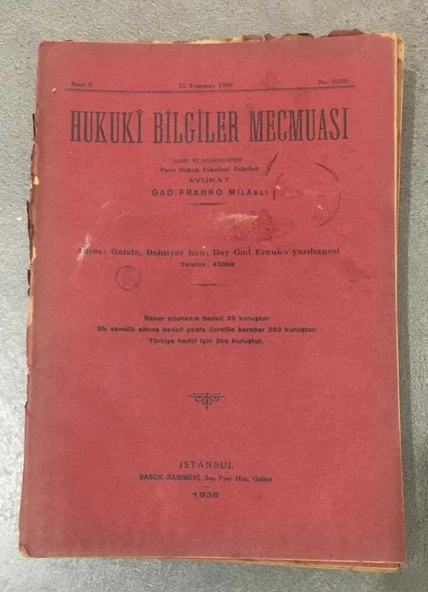 HUKUKİ BİLGİLER MECMUASI 15 Temmuz 1938 Sene 9 No. 9 - 105 (Sahafiye Kitap) ürün görseli 1