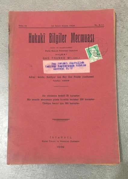 HUKUKİ BİLGİLER MECMUASI 15 İkinci Kanun 1939 Sene 10 No. 3 - 111 (Sahafiye Kitap) ürün görseli 1