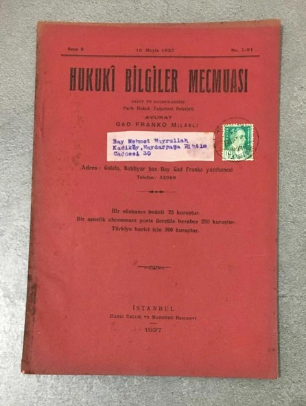 HUKUKİ BİLGİLER MECMUASI 15 Mayıs 1937 Sene 8 No. 7 - 91 (Sahafiye Kitap) ürün görseli 1