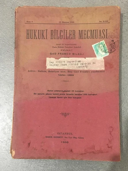 HUKUKİ BİLGİLER MECMUASI 15 Haziran 1938 Sene 9 No. 8 - 104 (Sahafiye Kitap) ürün görseli 1