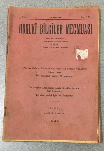 HUKUKİ BİLGİLER MECMUASI 15 Mayıs 1936 Sene 7 No. 7 - 79 (Sahafiye Kitap) ürün görseli 1