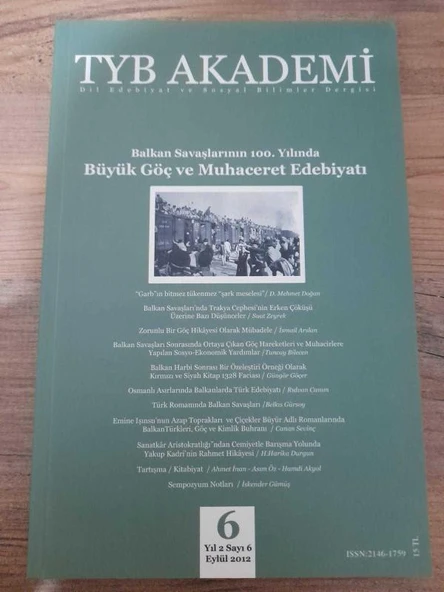 TYB Akademi Dergisi Sayı: 6 Eylül 2012, Türk Romanında Balkan Savaşları (Sahafiye Kitap)