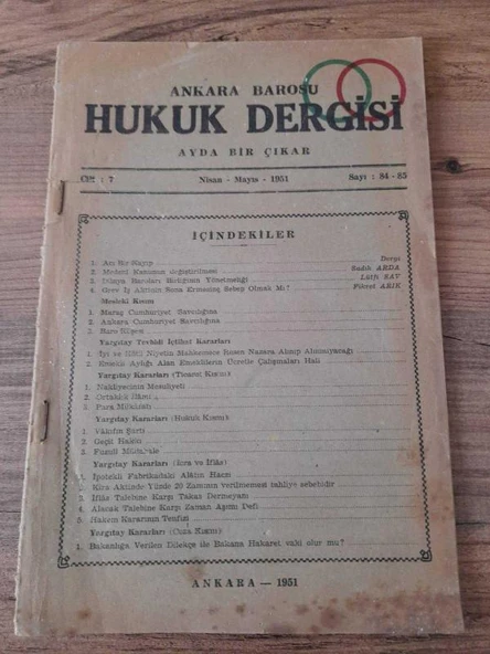 Ankara Barosu Hukuk Dergisi Nisan-Mayıs 1951, Cilt:7,Sayı:84-85 "Sadık Arda-Medeni Kanunun Değiştirilmesi" (Sahafiye Kitap) ürün görseli 1