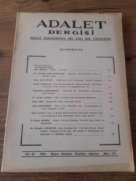 ADALET DERGİSİ, Mayıs-Ağustos 1976, Yıl:67,Sayı:3-4 "Esat Şener: İkameli Vasiyetler" (Sahafiye Kitap) ürün görseli 1