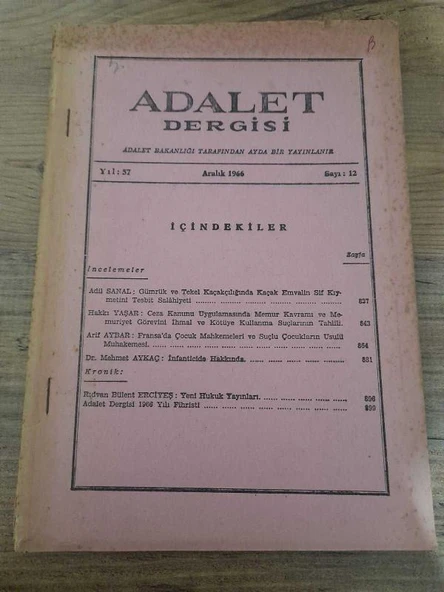 ADALET DERGİSİ Yıl:57,Sayı:12, Aralık 1966 "Mehmet Aykaç: İnfanticide Hakkında" (Sahafiye Kitap) ürün görseli 1