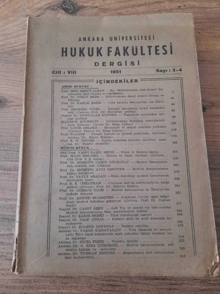 Ankara Üniversitesi Hukuk Fakültesi Dergisi Cilt:VII, Sayı:3-4 "Nihat Erim-Milletlerarası daimi Adalet Divanı ve Türkiye" (Sahafiye Kitap) ürün görseli 1