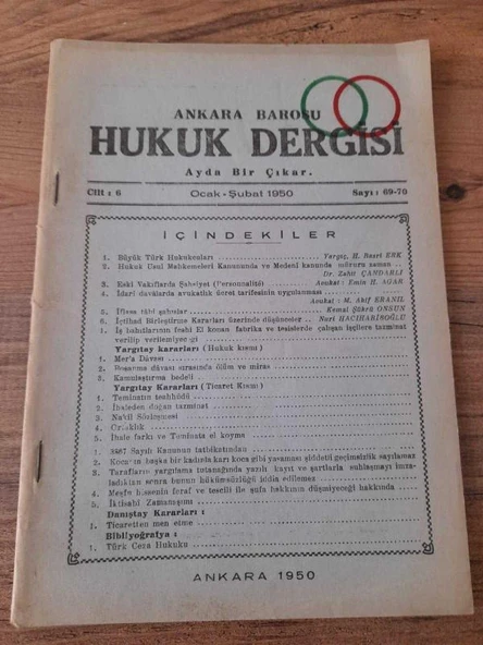Ankara Barosu Hukuk Dergisi Ocak-Şubat 1950, Cilt 6 Sayı:69-70 "Basri Erk-Büyük Türk Hukukçuları" (Sahafiye Kitap) ürün görseli 1