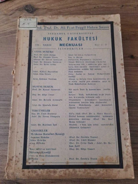 İstanbul Üniversitesi Hukuk Fakültesi Mecmuası,Prof.Dr.Ali Fuat Başgil Hatıra Sayısı Cilt:XXXIII,Sayı:3-4 "suç ve kadın" (Sahafiye Kitap) ürün görseli 1