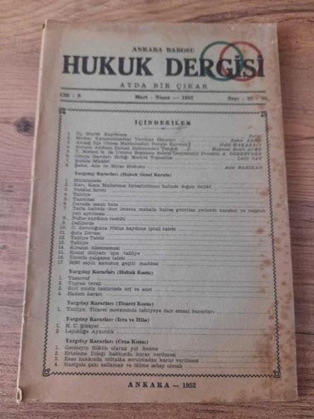 Ankara Barosu Hukuk Dergisi Mart-Nisan 1952, Cilt:8, Sayı:95-96  "Şufade Müddet" (Sahafiye Kitap) ürün görseli 1