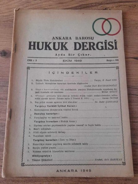 Ankara Barosu Hukuk Dergisi Ekim 1949, Cil:5,Sayı:66 " Basri Erk: Büyük Türk Hukukcuları" (Sahafiye Kitap) ürün görseli 1