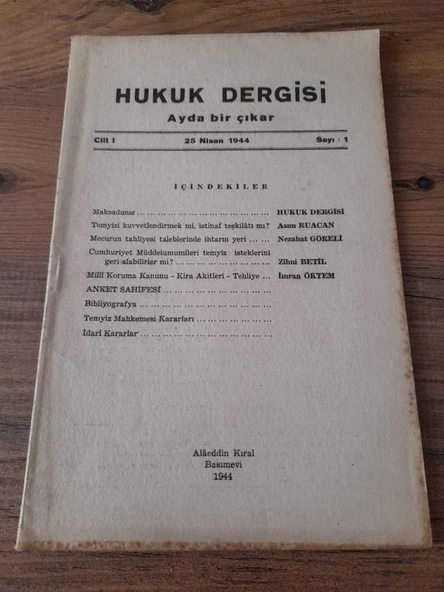Hukuk Dergisi Cilt:I,Sayı:1 Nisan 1944 "Milli Koruma Kanunu-Kira Akitleri-Tehliye" (Sahafiye Kitap)