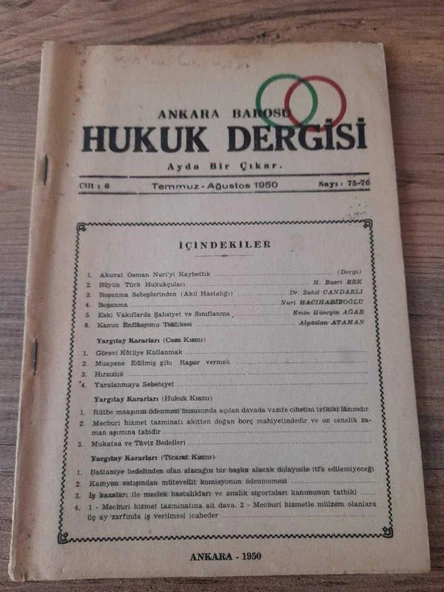 Ankara Barosu Hukuk Dergisi Temmuz-Ağustos 1950 Cilt:6,Sayı:75-76 "Nuri Hacıhabiboğlu-Boşanma" (Sahafiye Kitap) ürün görseli 1