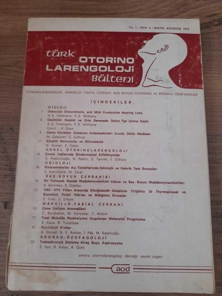 TÜRK OTORİNO LARENGOLOJİ BÜLTENİ - YIL 1 SAYI 2 Mayıs-Ağustos 1976 "OTOLOJİ: A.S. Feldman" (Sahafiye Kitap) ürün görseli 1