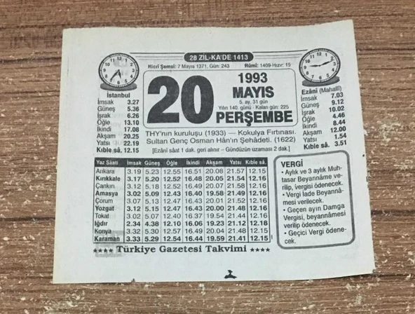 20 MAYIS 1993 PERŞEMBE TAKVİM YAPRAĞI (Sahafiye Kitap)