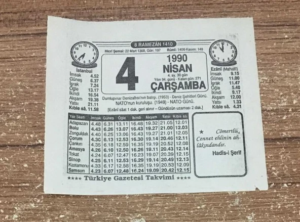 4 NİSAN 1990 ÇARŞAMBA TAKVİM YAPRAĞI (Sahafiye Kitap) - 1