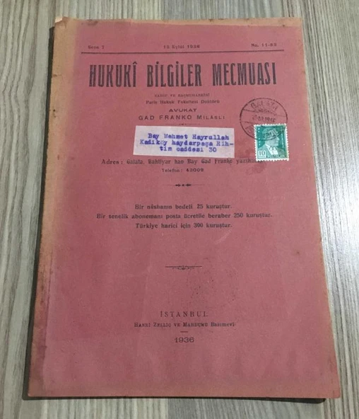 HUKUKİ BİLGİLER MECMUASI Sene 7 - 15 Eylül 1936 No: 11 - 83 (Sahafiye Kitap) ürün görseli 1