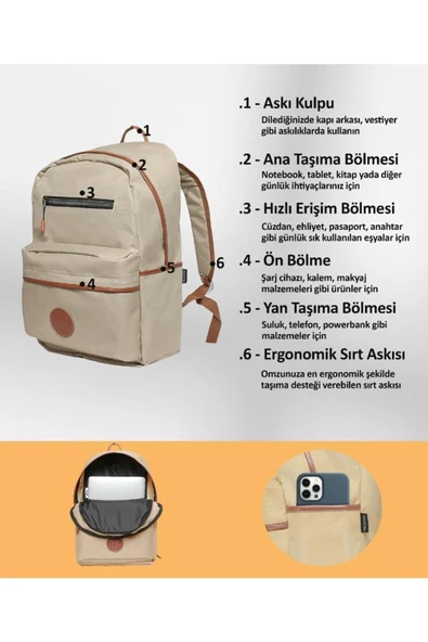 NPO nJoy 16" Unisex Notebook & Günlük Sırt Çantası Krem NJ01CR Krem - 6