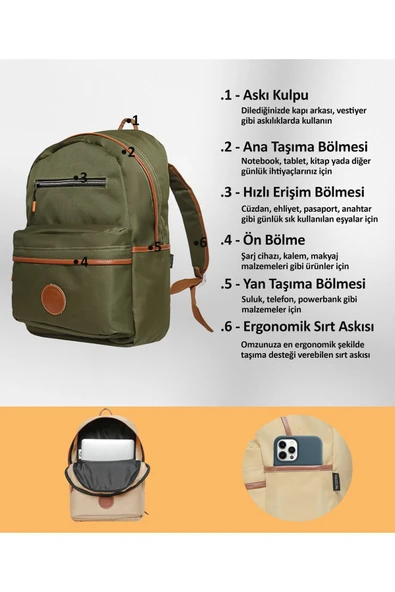 NPO nJoy 16" Unisex Notebook & Günlük Sırt Çantası  NJ01KH Haki - 4
