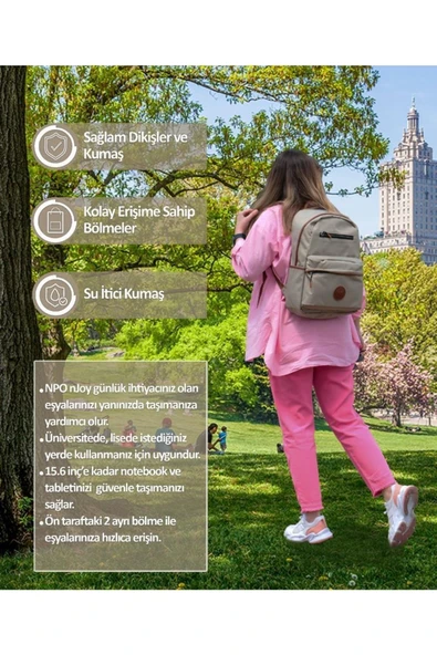 NPO nJoy 16" Unisex Notebook & Günlük Sırt Çantası Krem NJ01CR Krem - 4