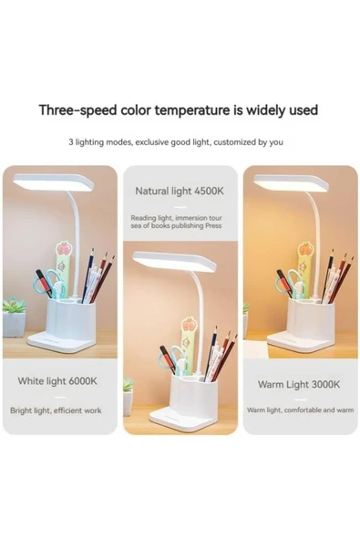 Şarjlı Masa Lambası 3 Renk Dokunmatik Telefon Standlı Kademeli Ders Çalışma Okuma Işığı Gece Lambası A35 - 2