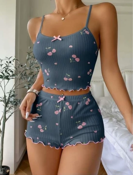 Bicomi Mavi Kiraz Desenli Askılı Şortlu Pijama Takımı ürün görseli