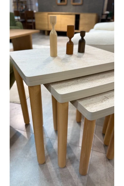 3LÜ TRAVERTEN ZİGON SEHPA BOHEM CEVİZ AYAK - Resim 4