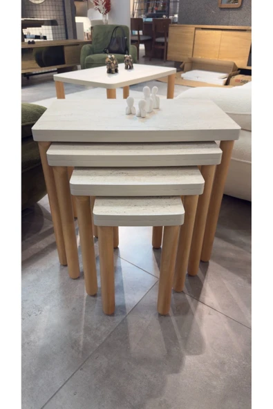 4LÜ TRAVERTEN ZİGON SEHPA BOHEM CEVİZ AYAK - Resim 2